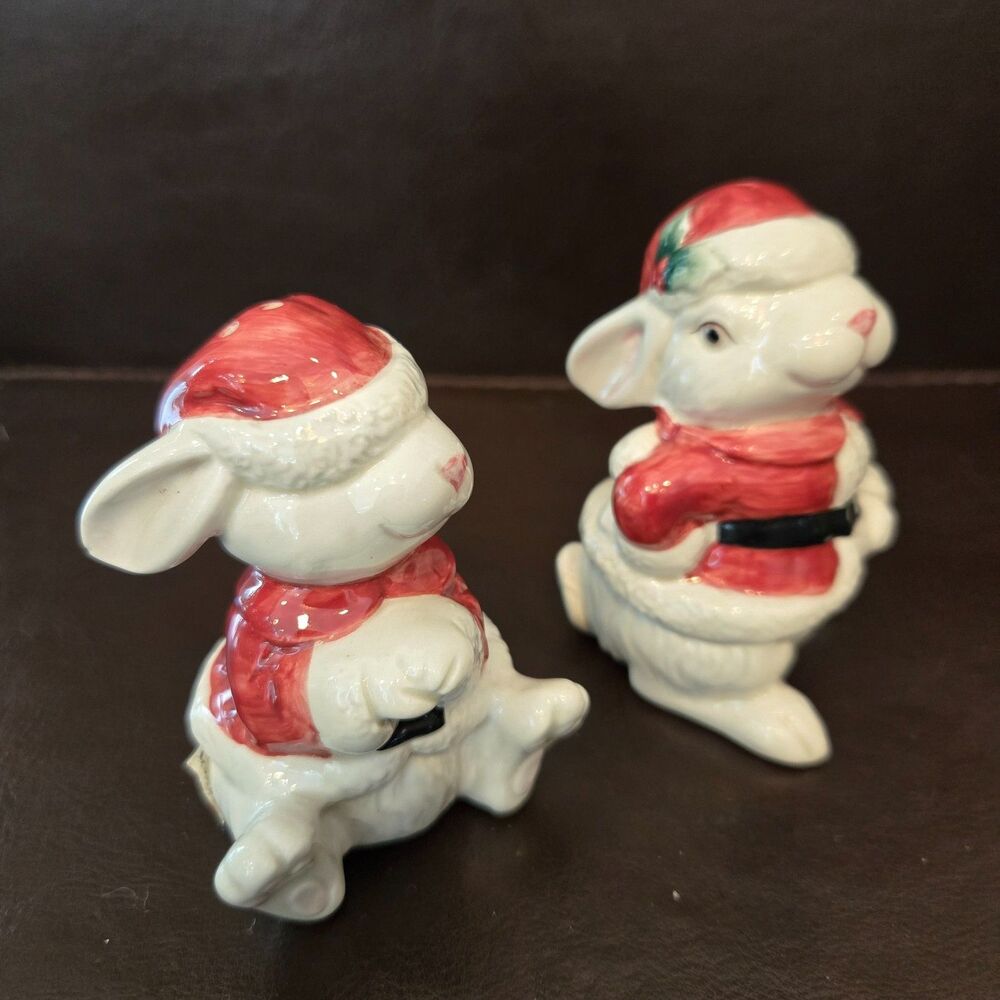 Fitz & Floyd Christmas Bunny Holly Santa Suit Salt & Pepper Shakers Hand Painted